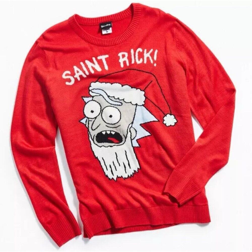 Rick and Morty Christmas Sweater Red Saint Knit Urban Outfitters Men Size Large